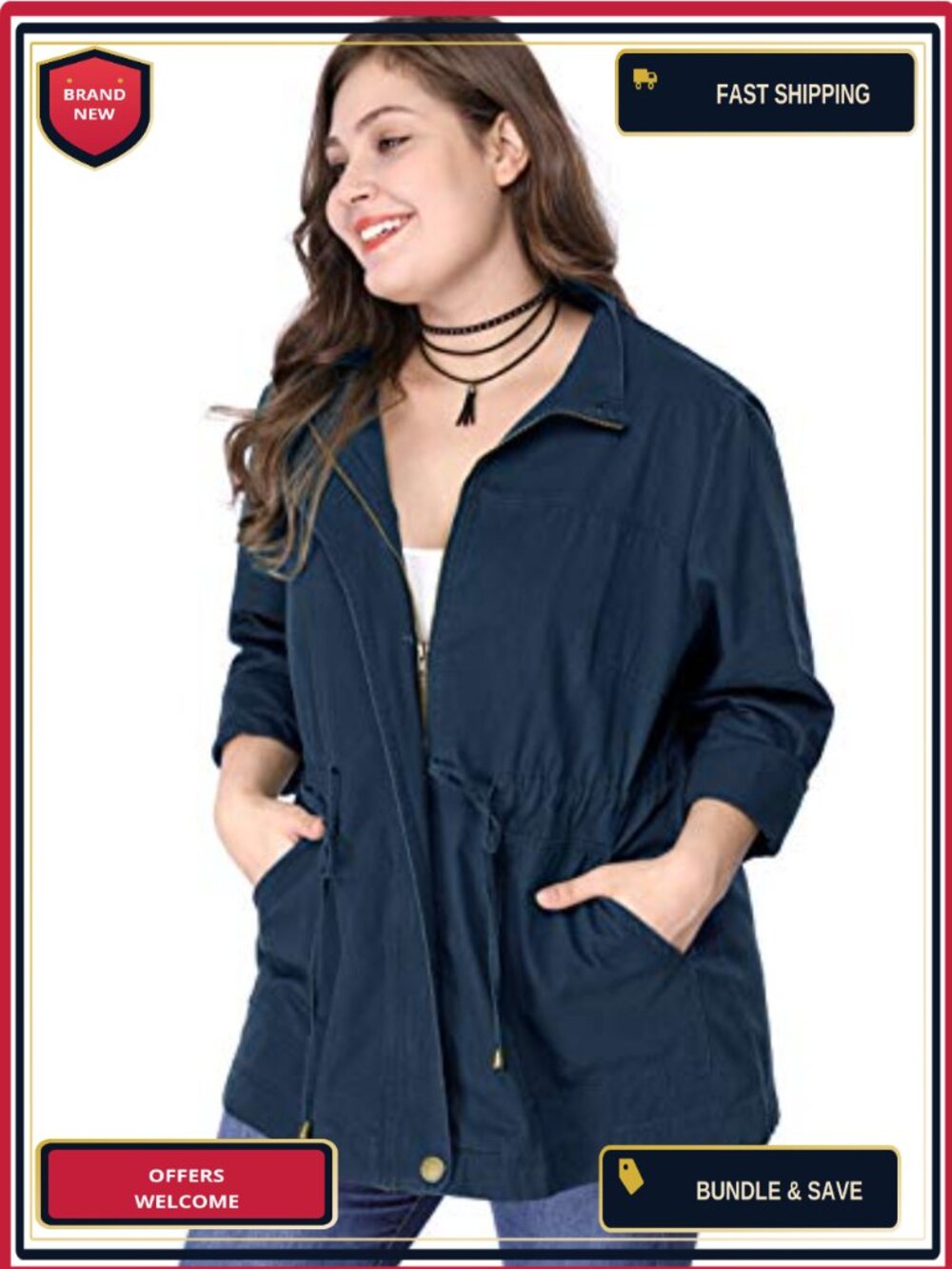 Women's Plus Size Anorak Jacket Casual Drawstring Utility Jacket 100% Cotton